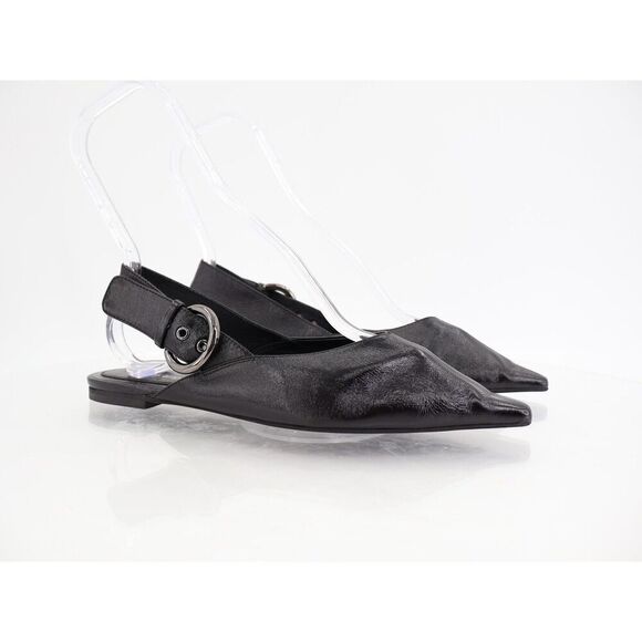 Jeffrey Campbell Scone Slingback Pointed Toe Flat Black Leather Size 7 Buckle - Picture 2 of 12
